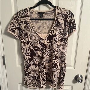 Floral V-Neck Women’s Top - Brown and Cream